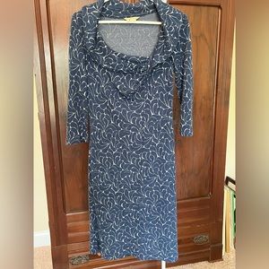 Toad & Co dress, 3/4 sleeves, blue pattern, asymmetrical shawl collar. Size M.